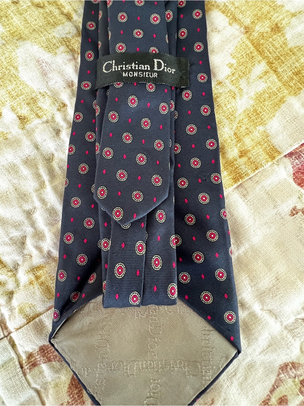 Dior Men's Navy Silk Tie with Red Medallion Pattern. Vintage 1980’s
